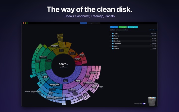 The way of the clean disk. 3 views: Sandburst, Treemap, Planets.